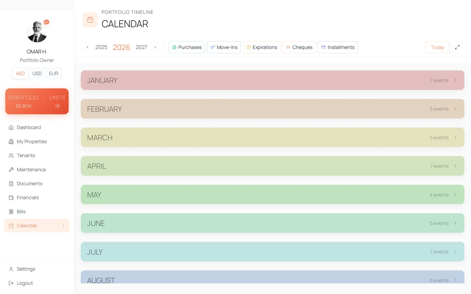 The year calendar with cheque and instalment events filtered by type