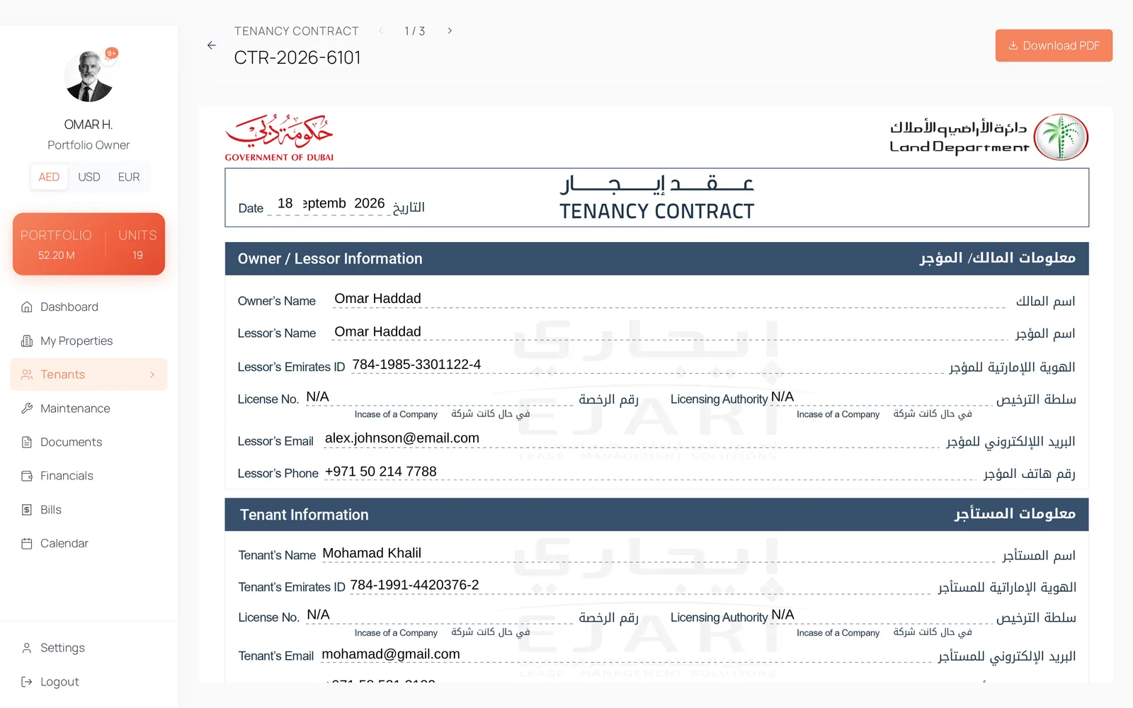 The generated tenancy contract preview with the signature panel