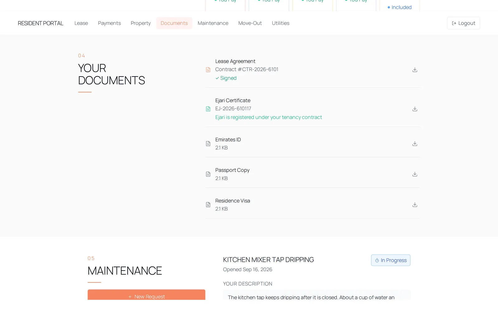The tenant portal documents view, each file opened through an expiring link
