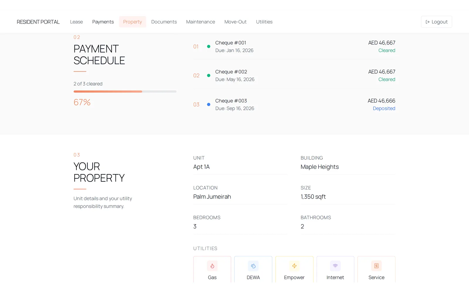 Your cheque schedule, each one marked pending, deposited, cleared or bounced.